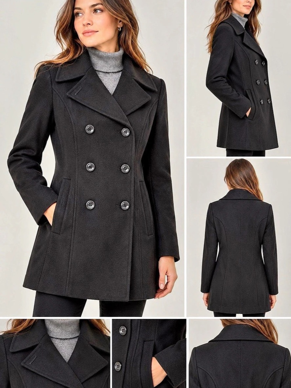 Anne Klein Black Wool Blend Double Breasted Peacoat Coat M NWT